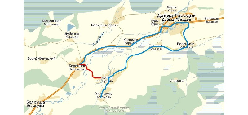 Красный цвет – короткий путь, благодаря работе наплавного моста. Синий цвет – альтернативная дорога в зимний период