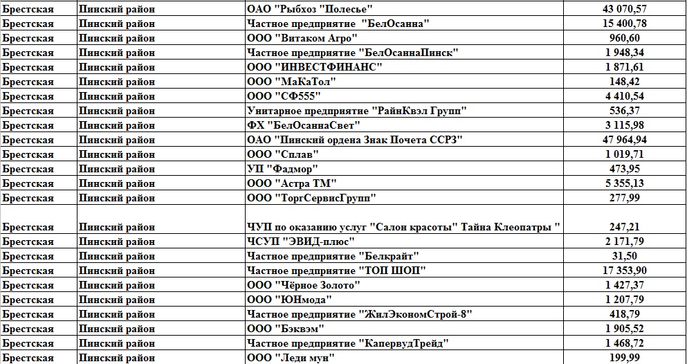 Должники в ФСЗН по Пинскому району, по состоянию на 1.10.2017