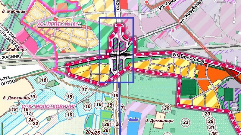 В синем прямоугольнике планируемая развязка над железной дорогой по улице Достоевского. Фото с сайта Пинского ГИК