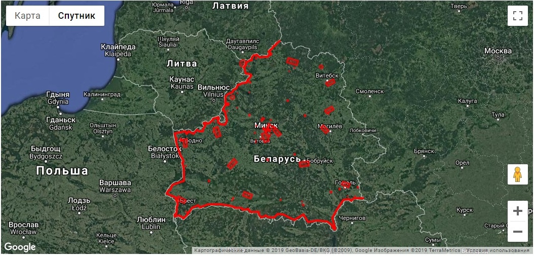 Красным отмечены запретные зоны для беспилотников. Скриншот с сайта bfba.by