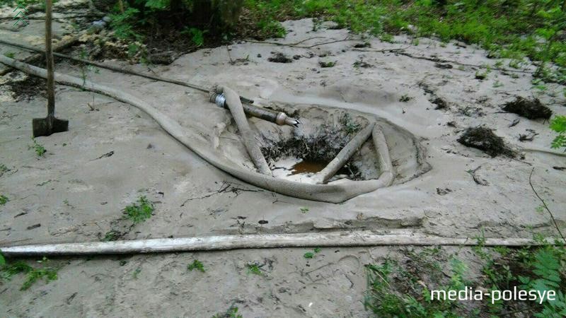 При помощи водяного насоса добывают янтарь чёрные копатели