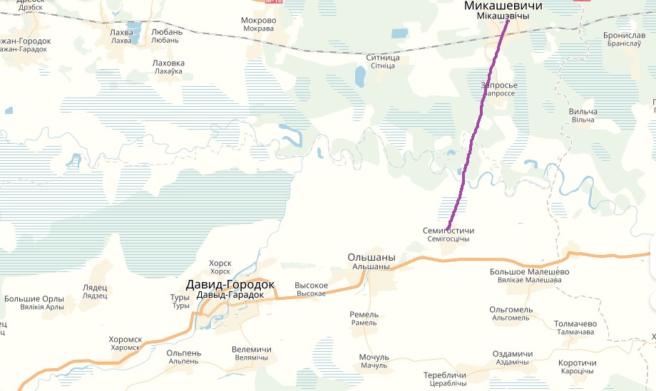 Фиолетовым цветом предположительно отмечен участок местности, на котором могла бы быть построена автодорога направлением «Семигостичи – Микашевичи»