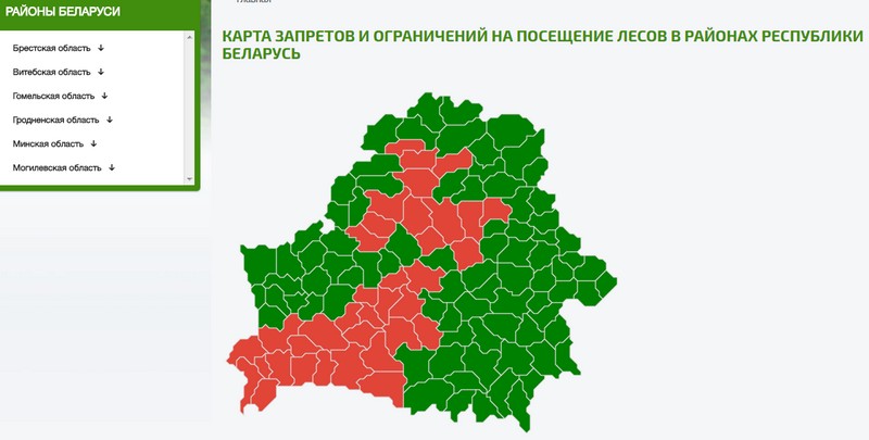  На интерактивной карте Минлесхоза красным цветом отмечены районы, в которых действует запрет на посещение лесов