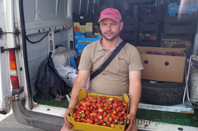 Максим приехал в Дворец из соседнего Пинска. Нашу клубнику мужчина планирует везти в Гродно