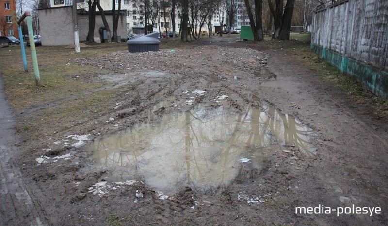 Колея и лужа, образованные колёсами мусоровоза