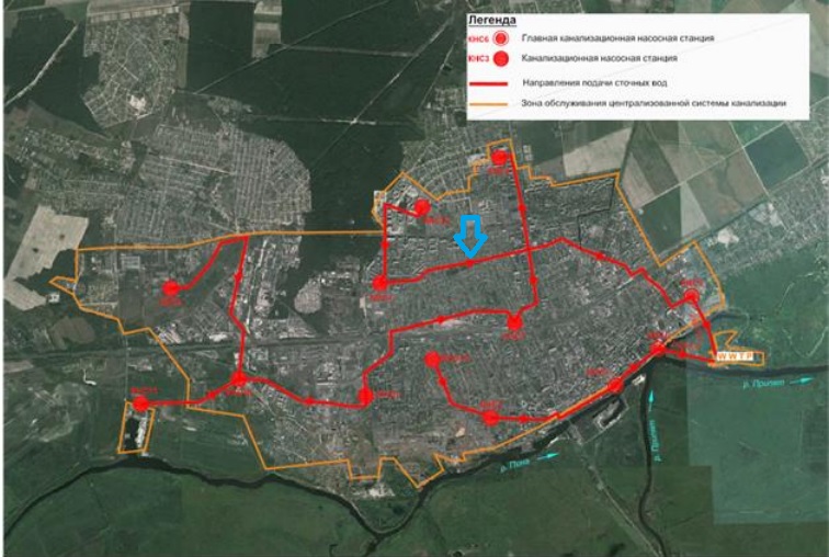 Схема канализационных коллекторов, проходящих под Пинском. Стрелкой указан проблемный коллектор. Схема взята из отчёта об оценке воздействия на окружающую среду (ОВОС) при модернизации очистных сооружений города