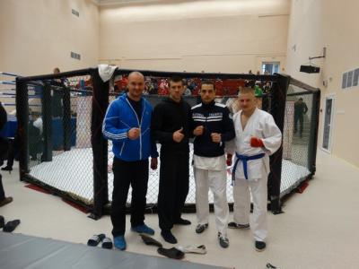 Тренер Столинского РФСК Олег Чех, Дмитрий Шакута, спортсмены Андрей Глуско и Сергей Шваб Фото предоставлено Александром Волонцевичем