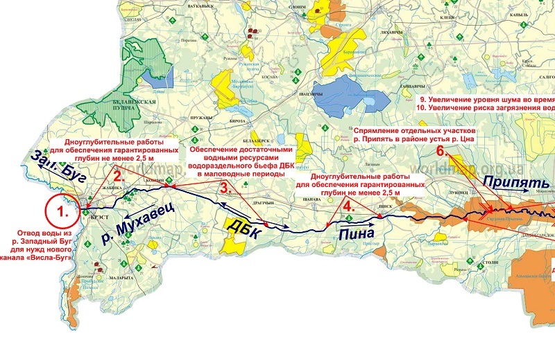 Карта-схема необходимых работ на реке Припять. Красными галочками отмечены плотины. Скриншот с сайта АПБ