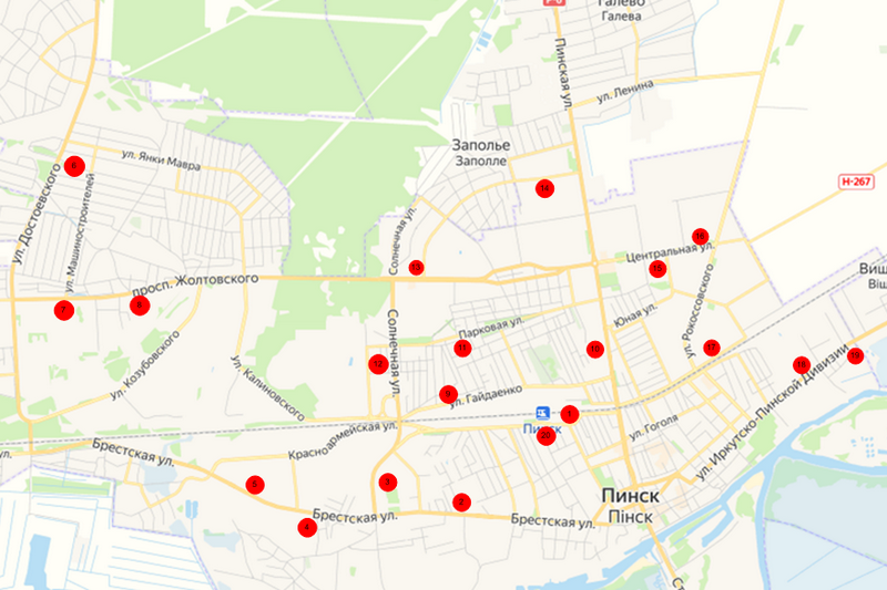 места продаж обозначены красным. Фото с сайта Пинского автобусного парка