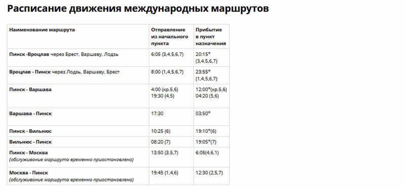 Скриншот с сайта Пинского автобусного парка