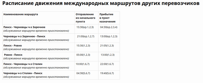 Скриншот с сайта Пинского автобусного парка