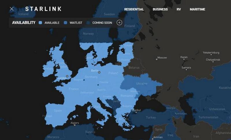 Так выглядит карта доступа к Starlink на 19 сентября 2022 года. Скриншот официального сайта