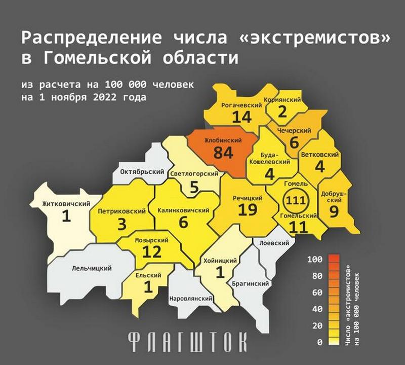 Распределение числа «экстремистов» по районам Гомельской области (цифрами обозначено количество «экстремистов» в каждом районе и Гомеле). Фото: «Флагшток»