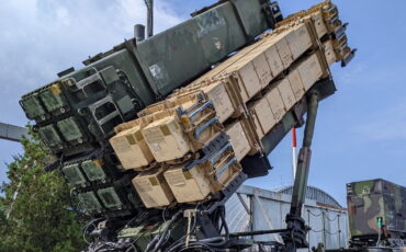 U.S. Army Patriot launching station with two PAC-3 containers and one PAC-3 MSE container mounted on static display at Slovac International Airfest, Malacky Air Base, September 2022