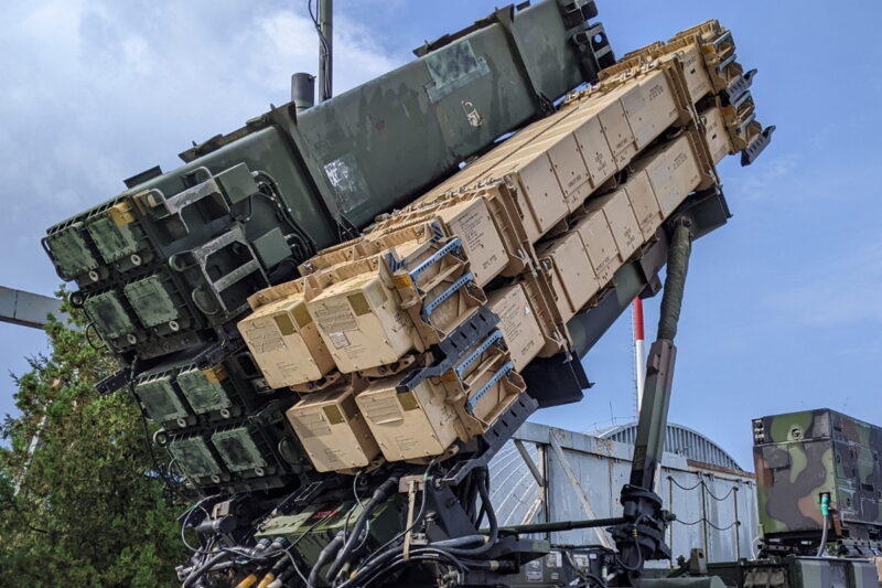 U.S. Army Patriot launching station with two PAC-3 containers and one PAC-3 MSE container mounted on static display at Slovac International Airfest, Malacky Air Base, September 2022