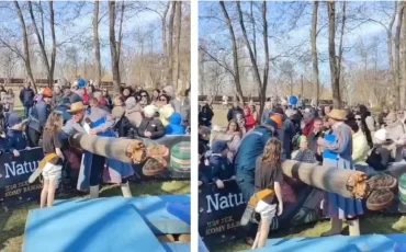 Скриншот видео с девочкой и поваленным столбом в Бресте на масленичных гуляниях 10 марта 2024 года. Фото: Instagram