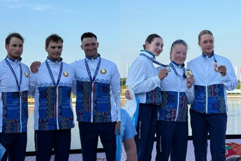 Пинские гребцы Владислав Кравец (в центре слева) и Мария Попичич (в центре справа) с золотыми медалями чемпионата Беларуси по гребле