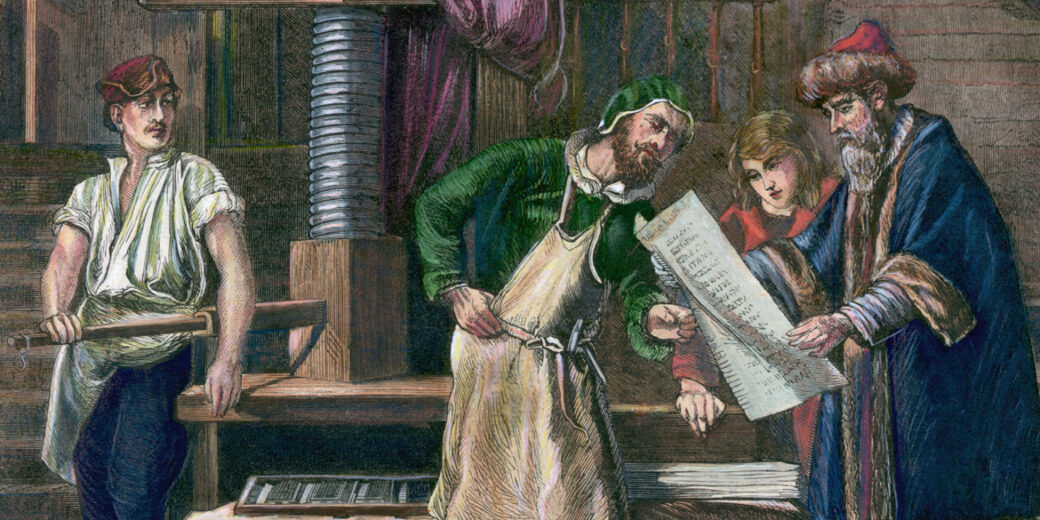 (Original Caption) Illustration depicting Johann Gutenberg in his workshop, showing his first proof sheet. Undated colored engraving.