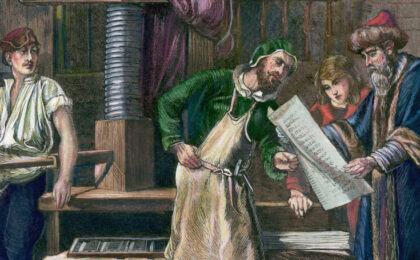 (Original Caption) Illustration depicting Johann Gutenberg in his workshop, showing his first proof sheet. Undated colored engraving.